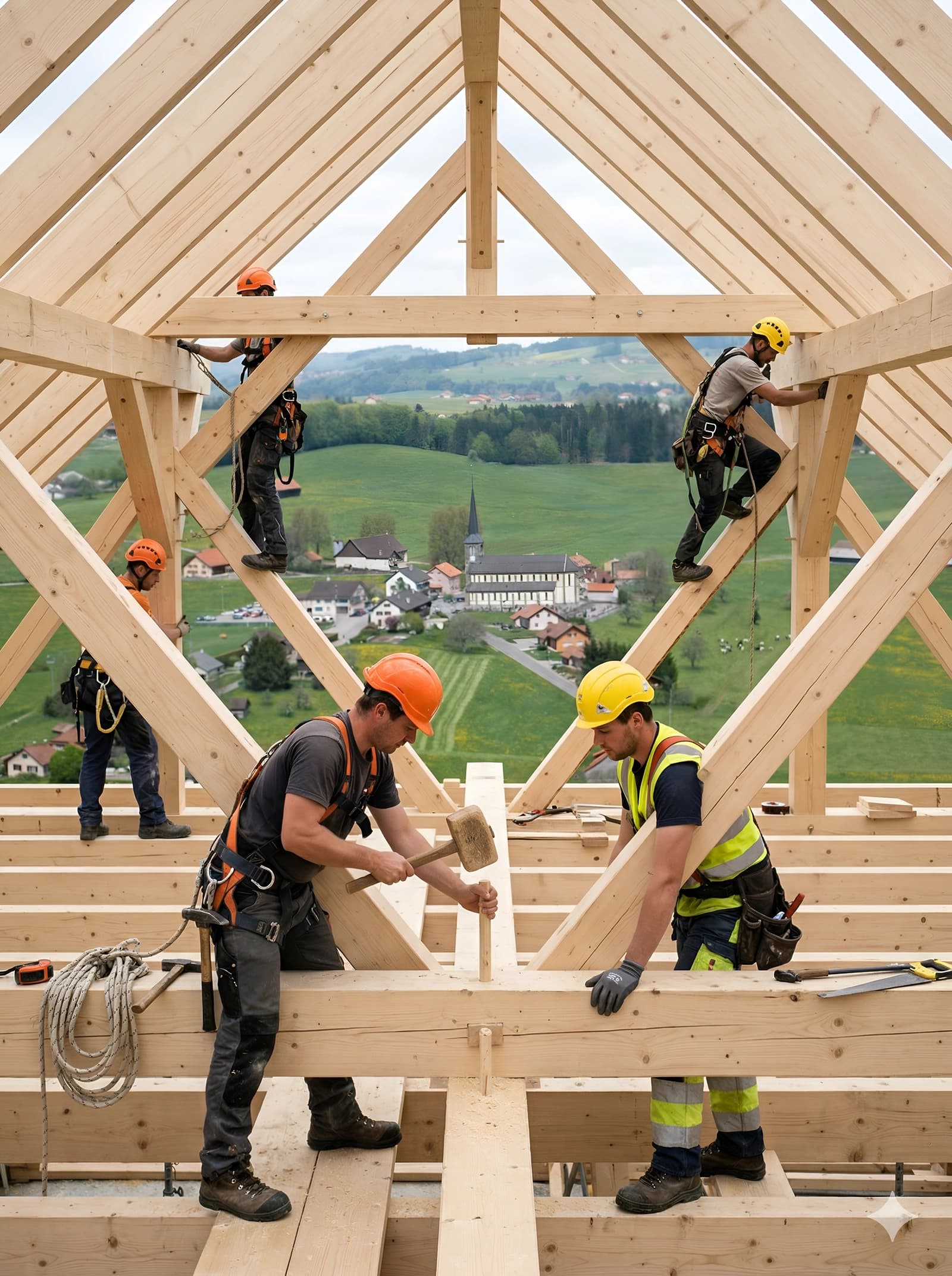 L'équipe de charpentiers Vial Frères SA au travail sur une structure en bois